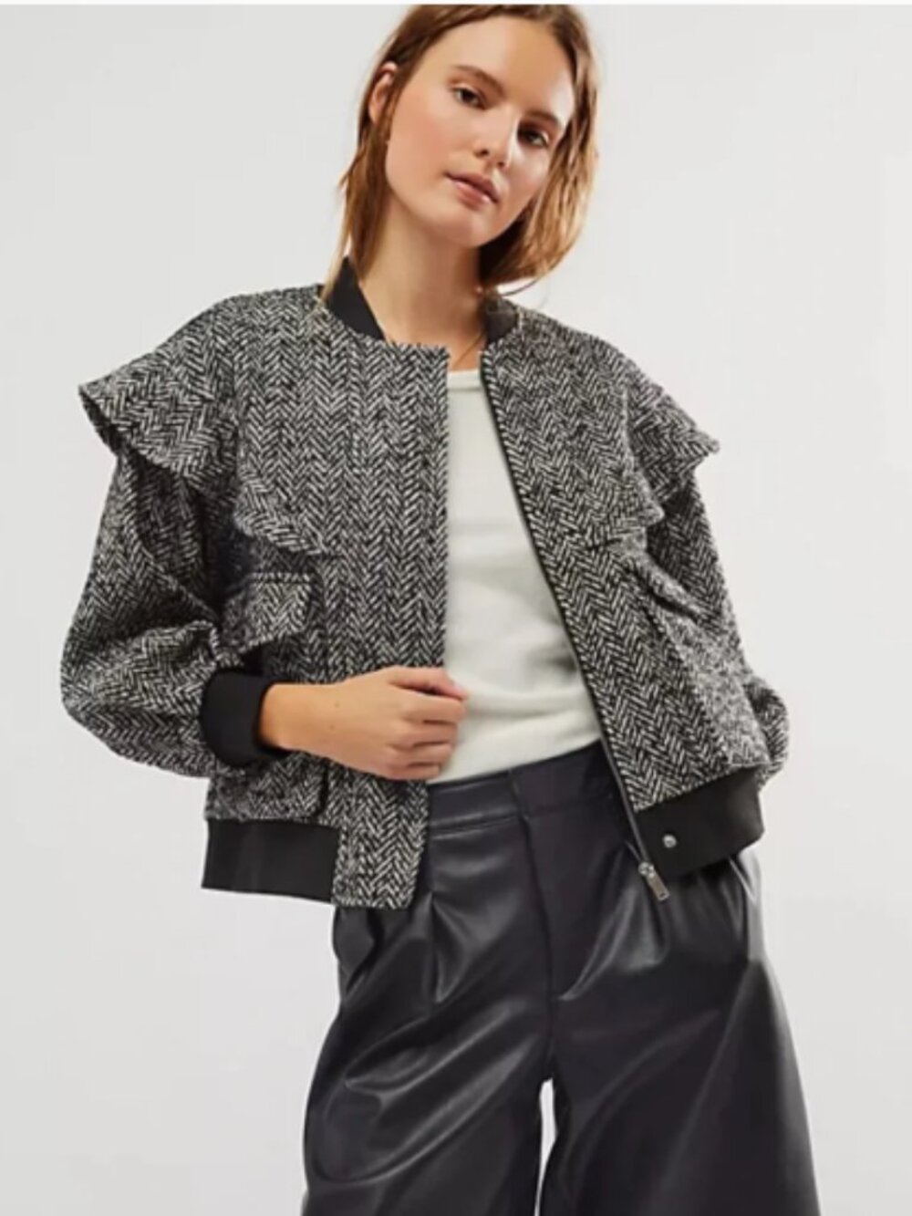 Free People x Driftwood Herringbone Wool Bomber Jacket Size M New